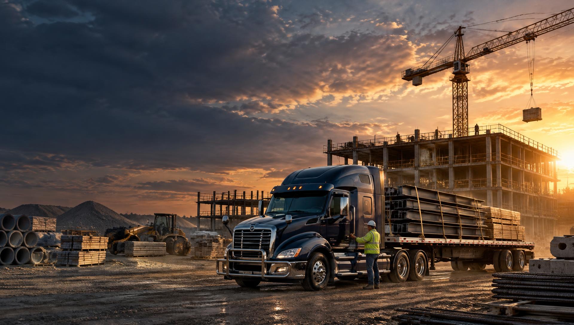 Flatbed truck carrying construction materials through a commercial construction site