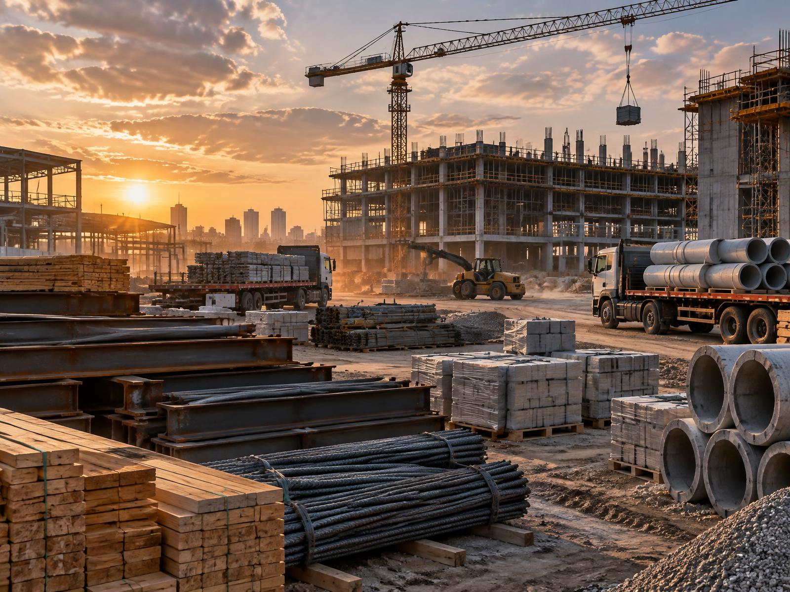 Steel, lumber, concrete pipe and rebar staged for construction transport